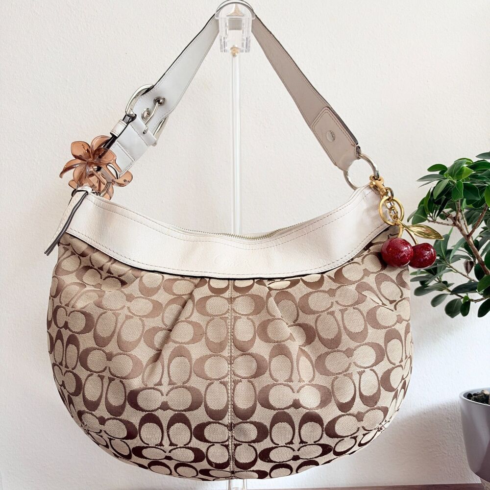 Coach Soho Signature Pleated Hobo Shoulder Bag F13741 Khaki Cream Y2K